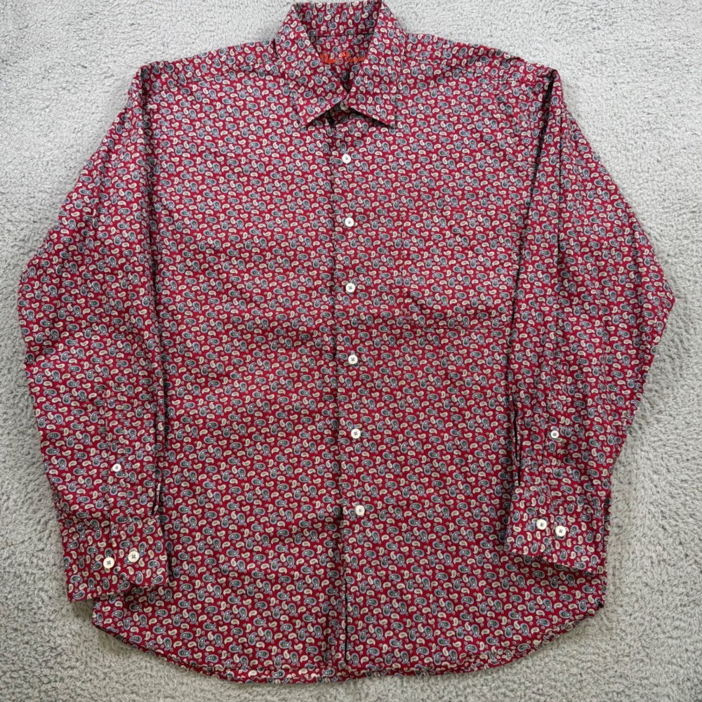 Alan Flusser Mens Large Red Paisley Cotton Long Sleeve Button Down Shirt